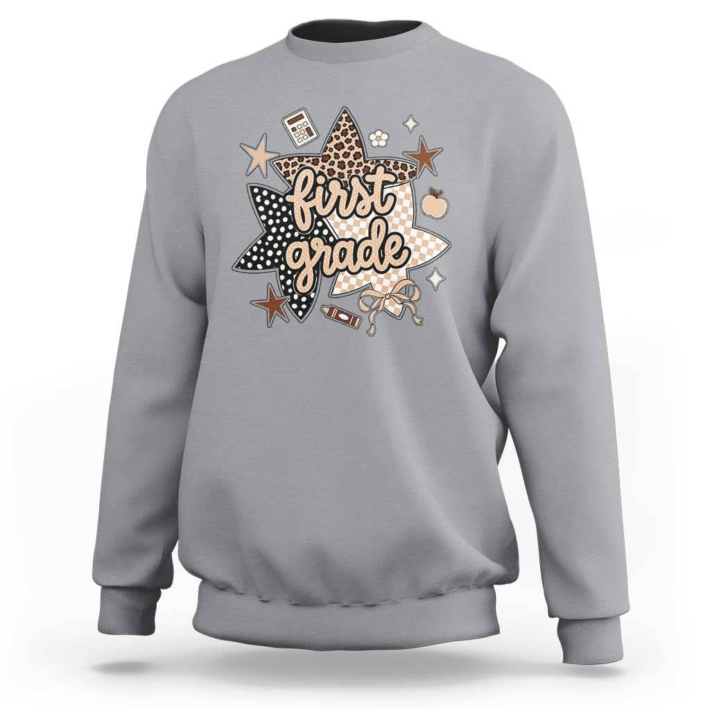 First Grade Leopard Checkered Star Coquette Sweatshirt Cute 1st Grade Girl Back to School Gift