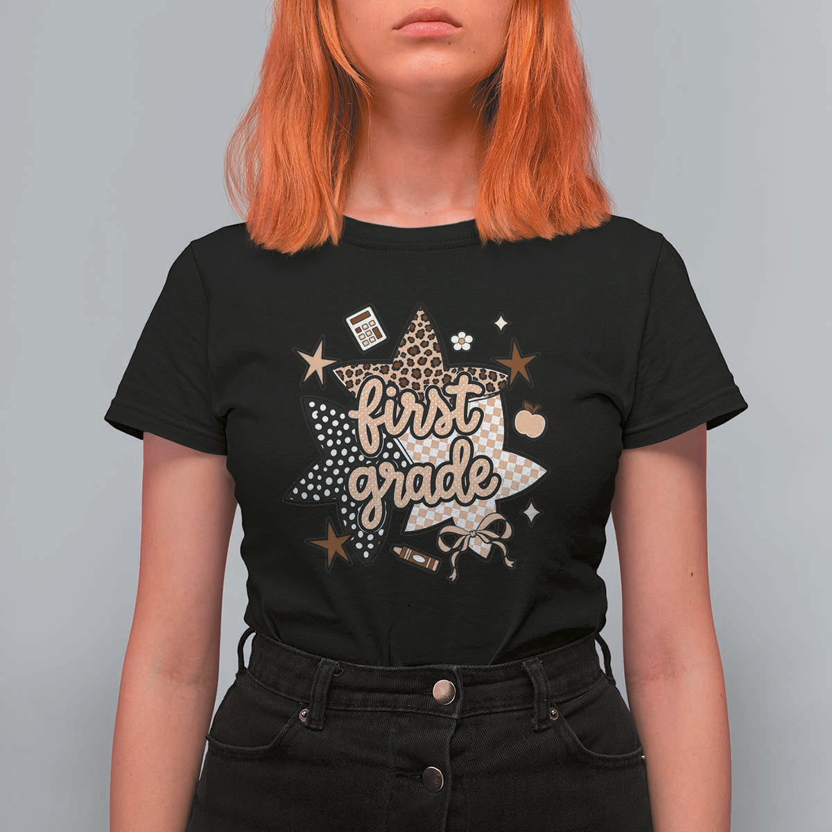 First Grade Leopard Checkered Star Coquette T Shirt For Women Cute 1st Grade Girl Back to School Gift