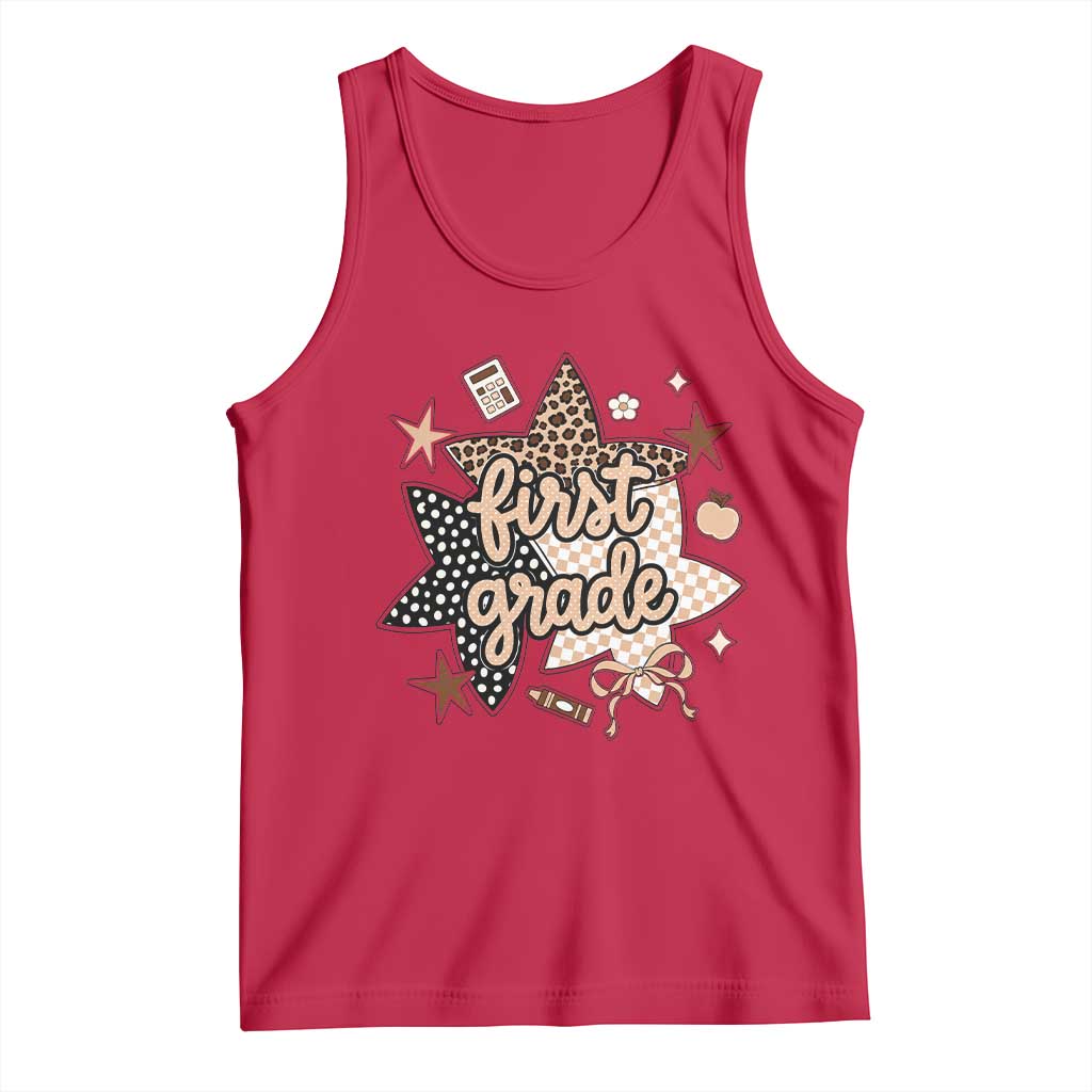 First Grade Leopard Checkered Star Coquette Tank Top Cute 1st Grade Girl Back to School Gift
