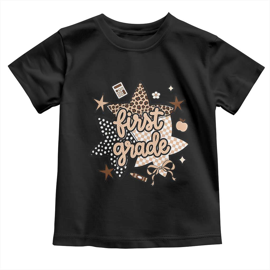 First Grade Leopard Checkered Star Coquette Toddler T Shirt Cute 1st Grade Girl Back to School Gift
