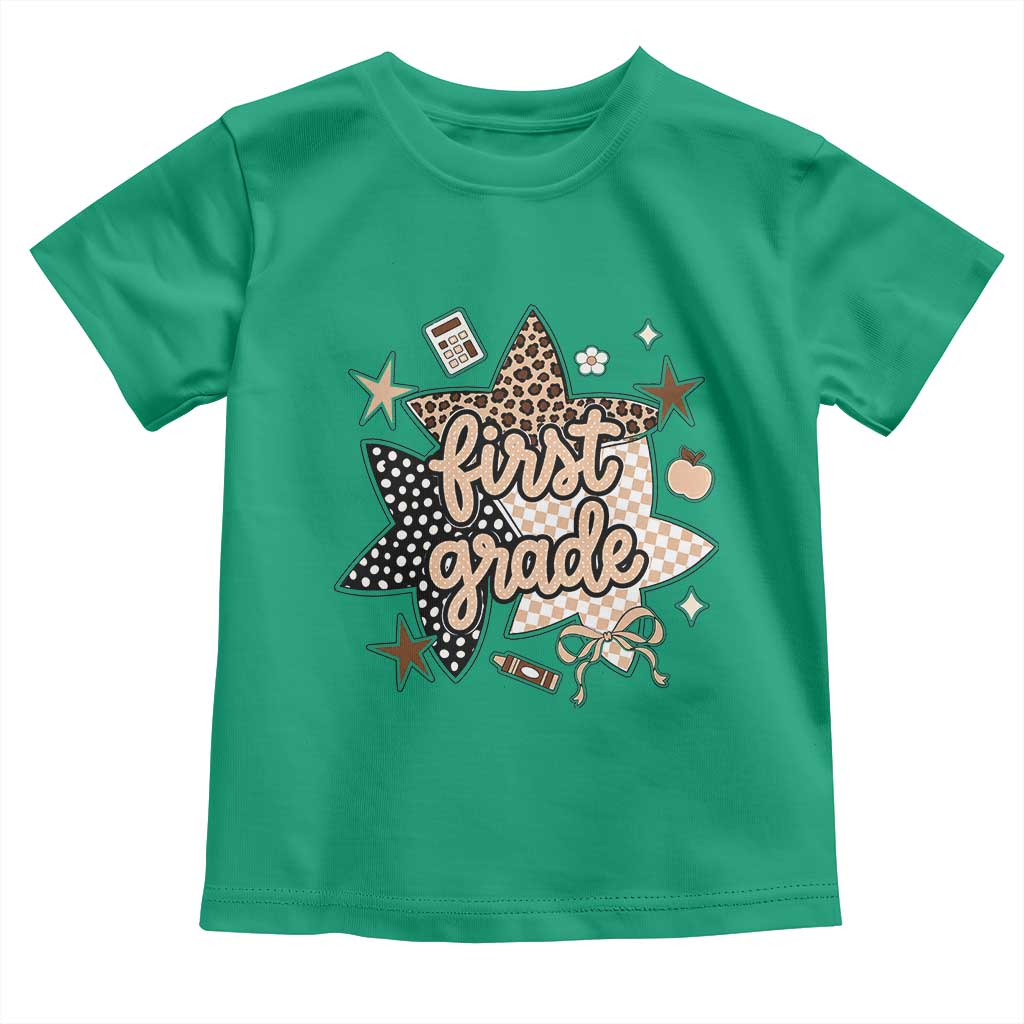 First Grade Leopard Checkered Star Coquette Toddler T Shirt Cute 1st Grade Girl Back to School Gift