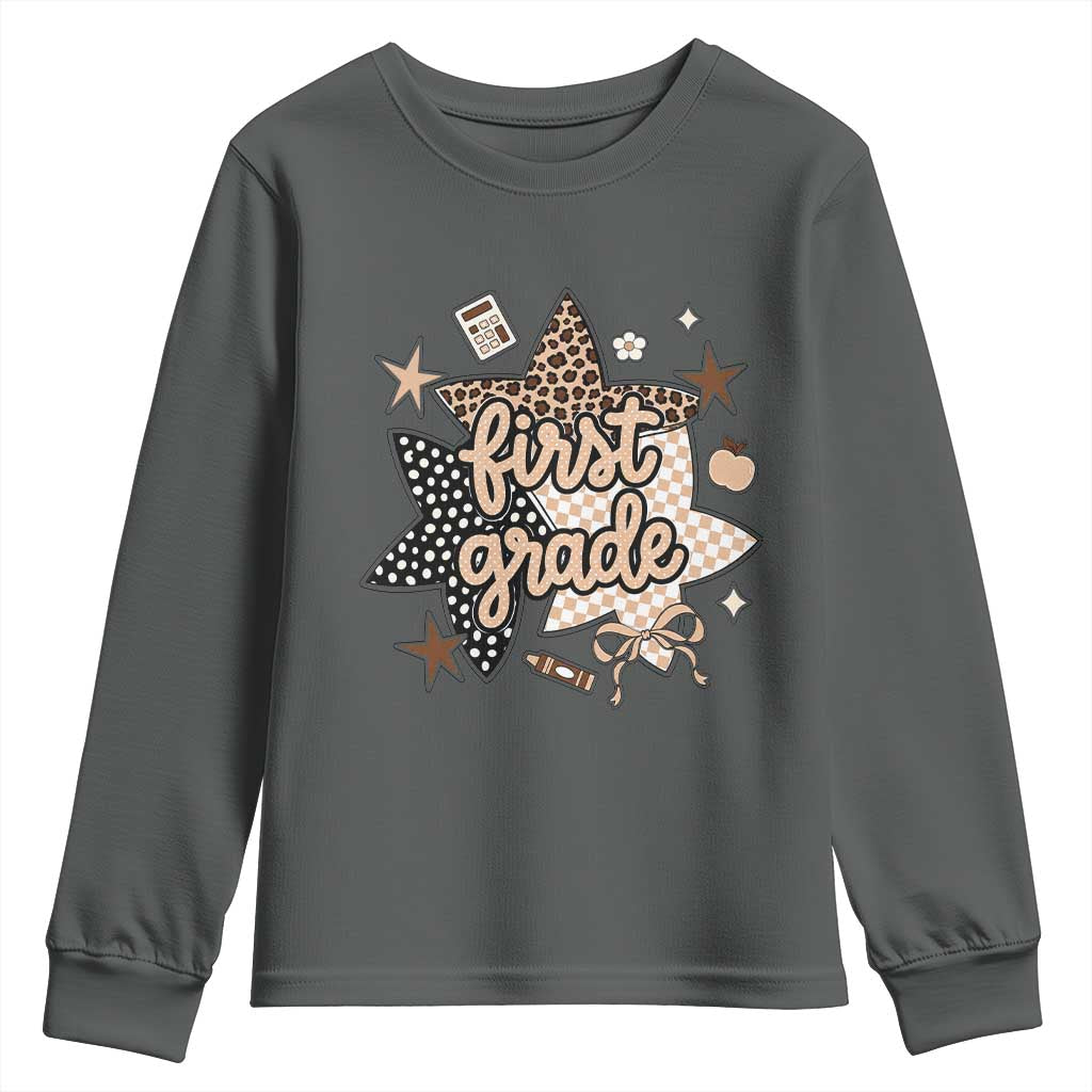 First Grade Leopard Checkered Star Coquette Youth Sweatshirt Cute 1st Grade Girl Back to School Gift