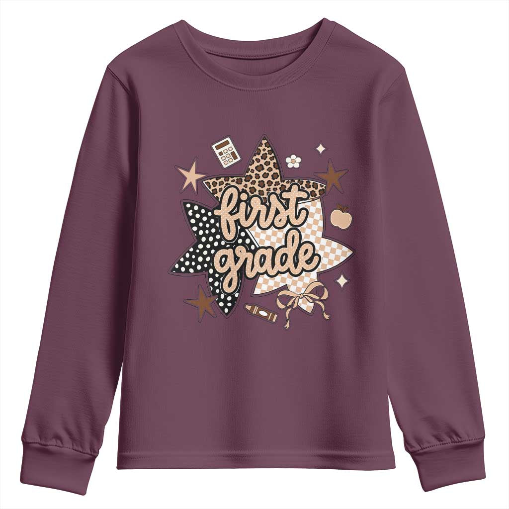 First Grade Leopard Checkered Star Coquette Youth Sweatshirt Cute 1st Grade Girl Back to School Gift