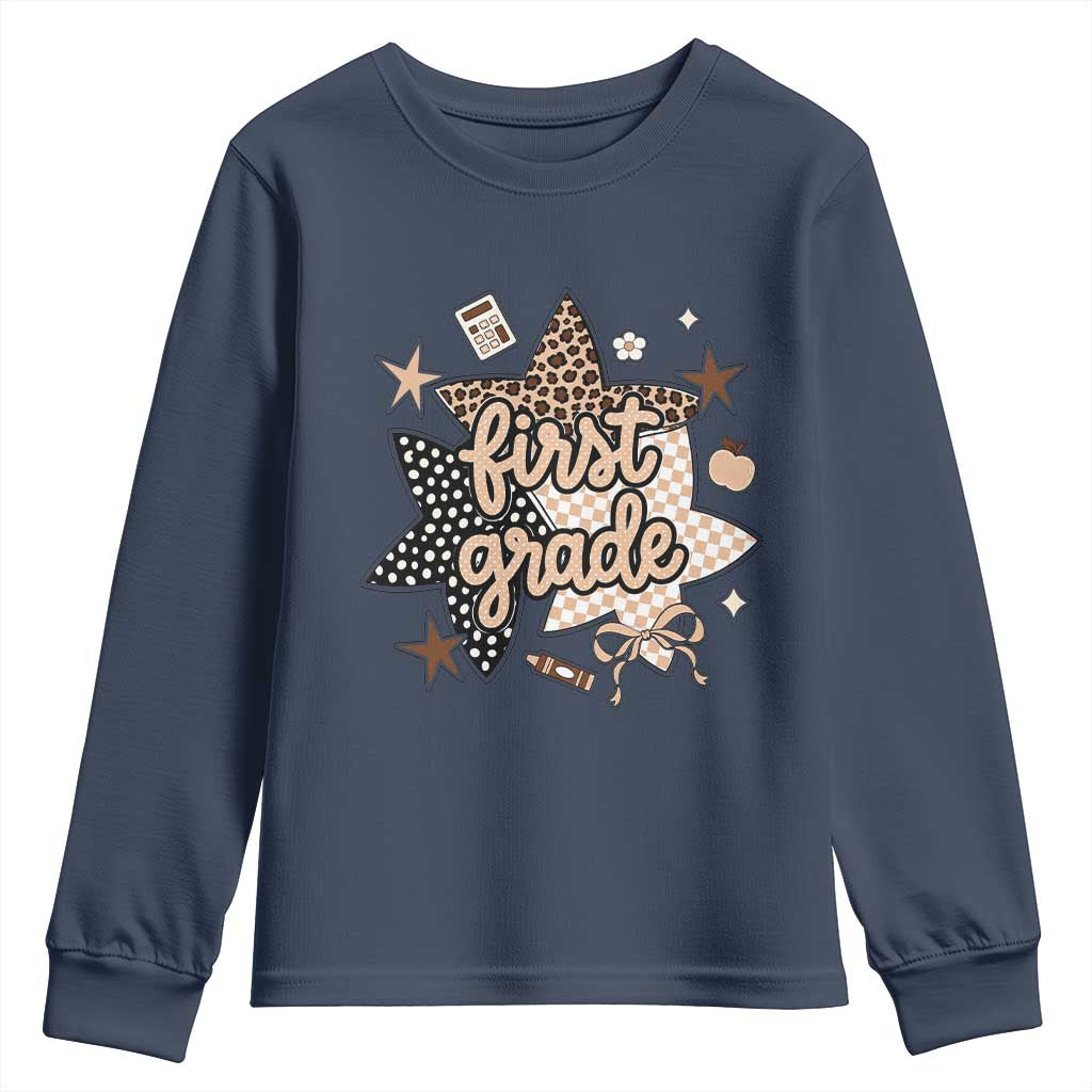 First Grade Leopard Checkered Star Coquette Youth Sweatshirt Cute 1st Grade Girl Back to School Gift