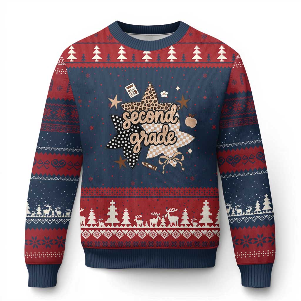 Second Grade Leopard Checkered Star Coquette Ugly Christmas Sweater Cute 2nd Grade Girl Back to School Gift