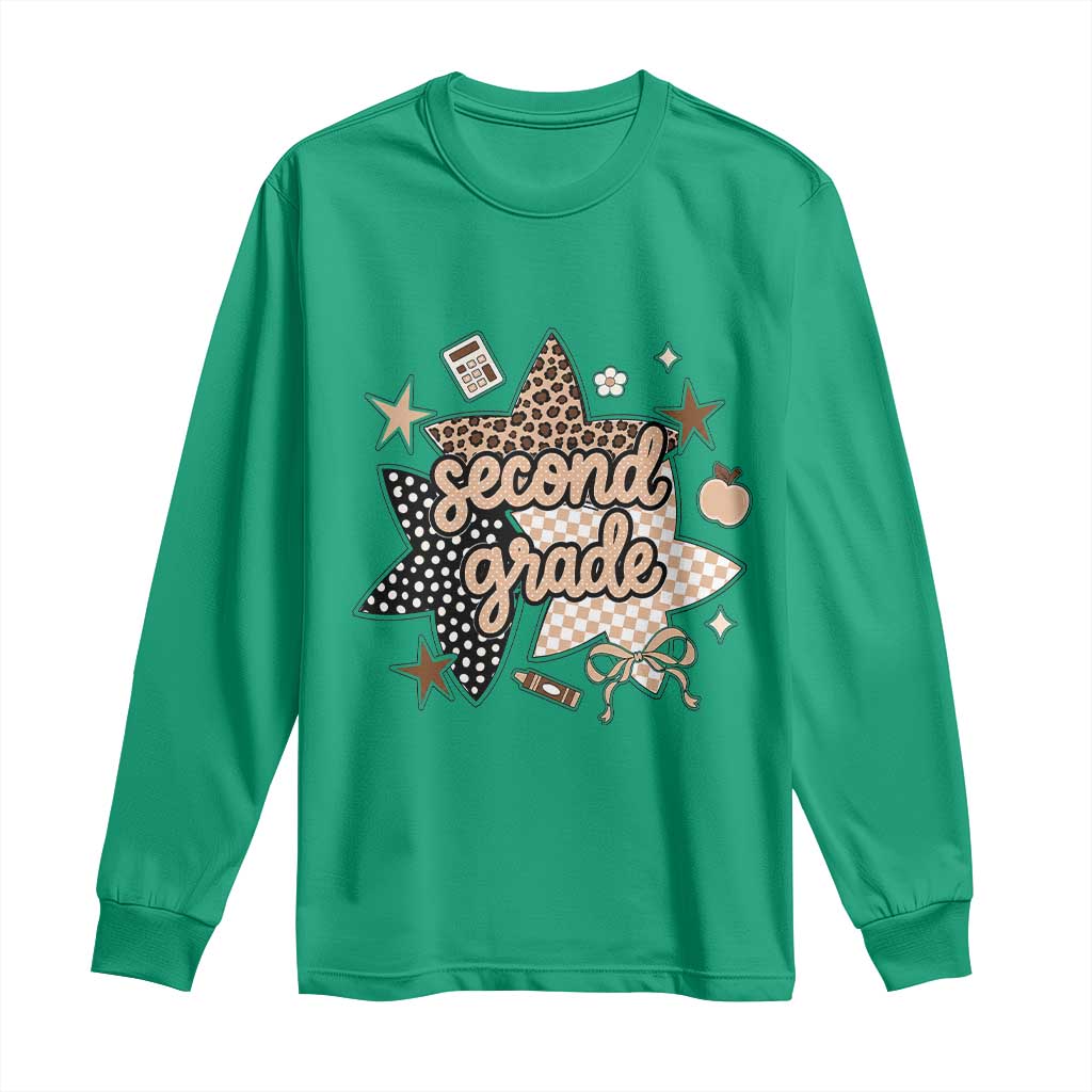 Second Grade Leopard Checkered Star Coquette Long Sleeve Shirt Cute 2nd Grade Girl Back to School Gift