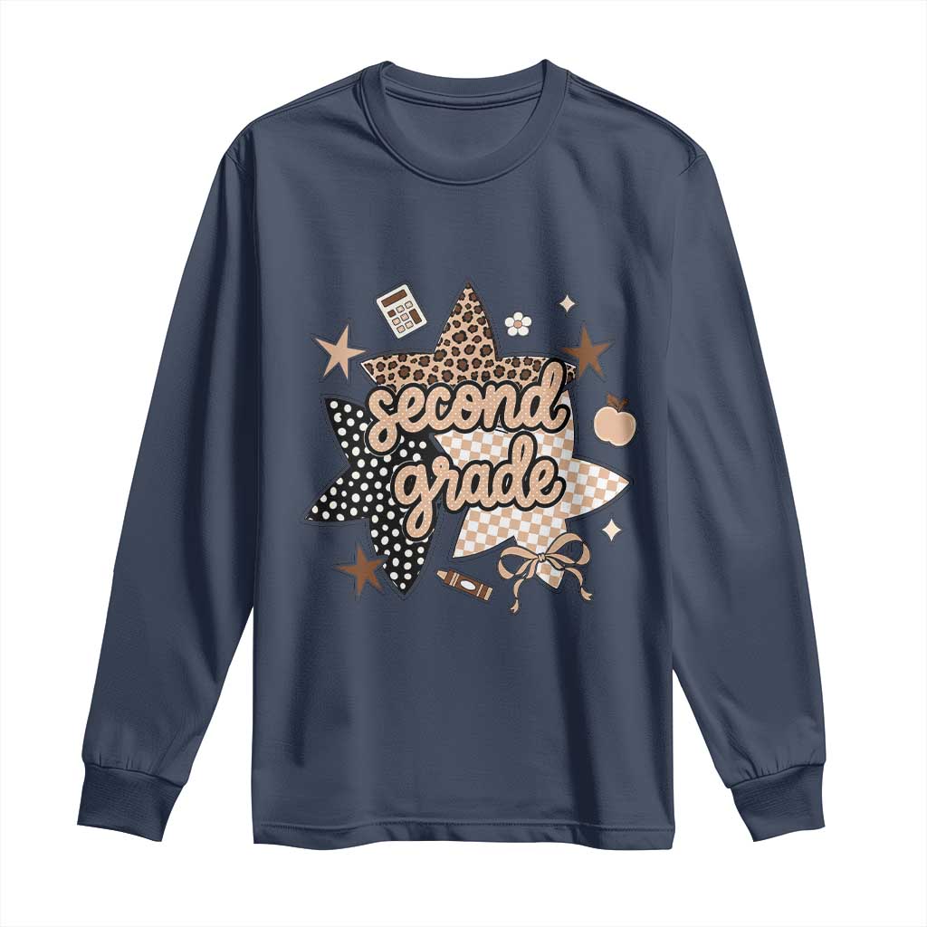 Second Grade Leopard Checkered Star Coquette Long Sleeve Shirt Cute 2nd Grade Girl Back to School Gift