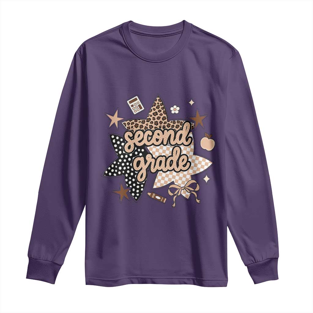 Second Grade Leopard Checkered Star Coquette Long Sleeve Shirt Cute 2nd Grade Girl Back to School Gift