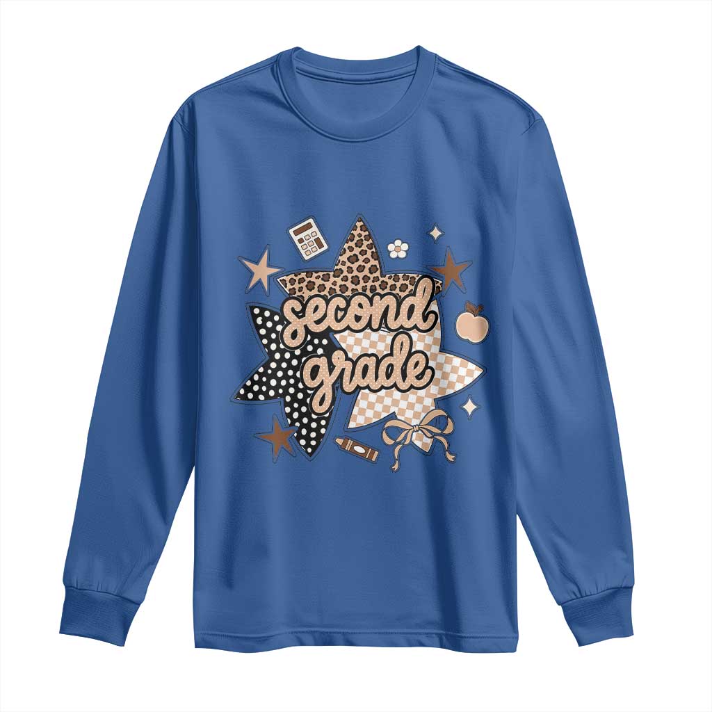 Second Grade Leopard Checkered Star Coquette Long Sleeve Shirt Cute 2nd Grade Girl Back to School Gift