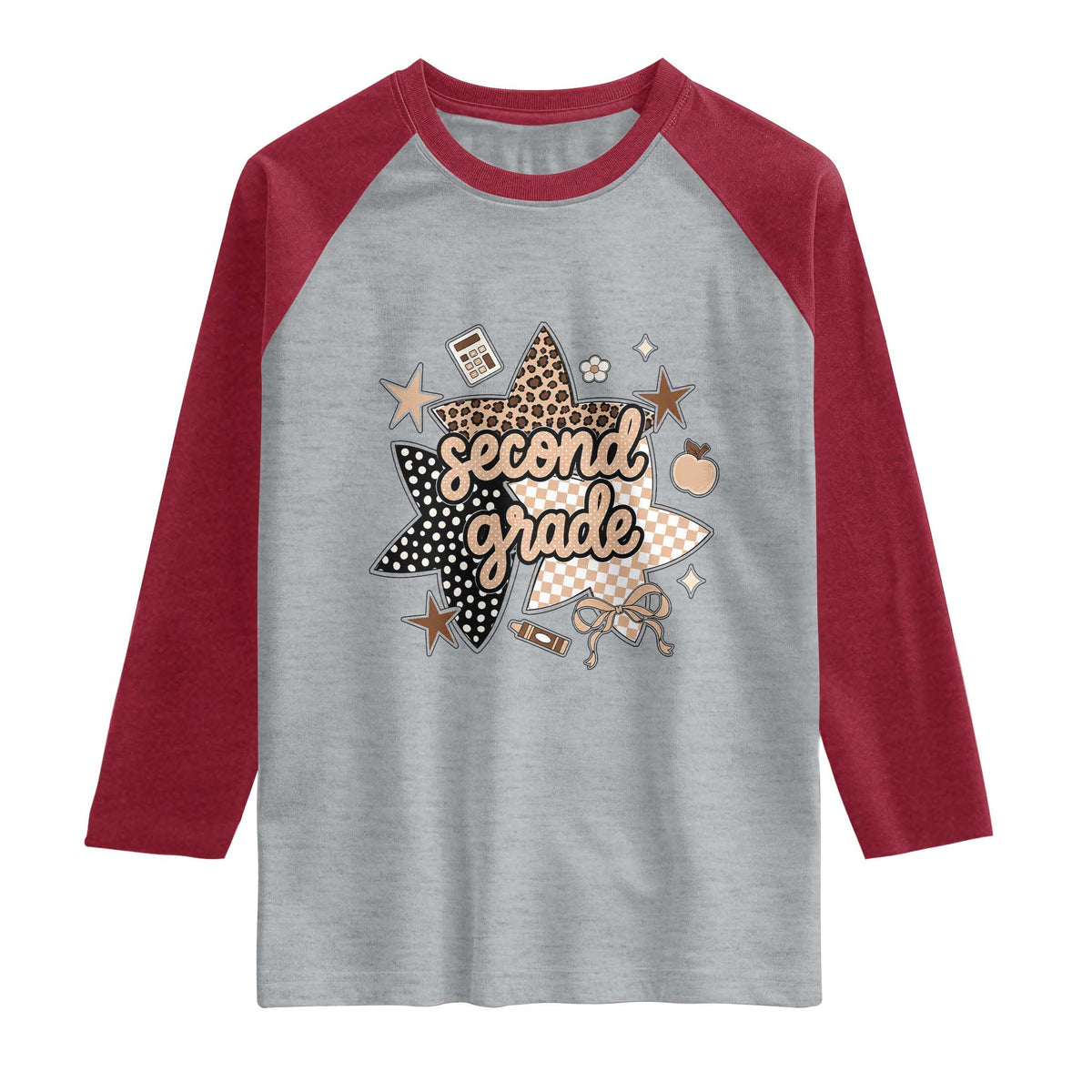 Second Grade Leopard Checkered Star Coquette Raglan Shirt Cute 2nd Grade Girl Back to School Gift