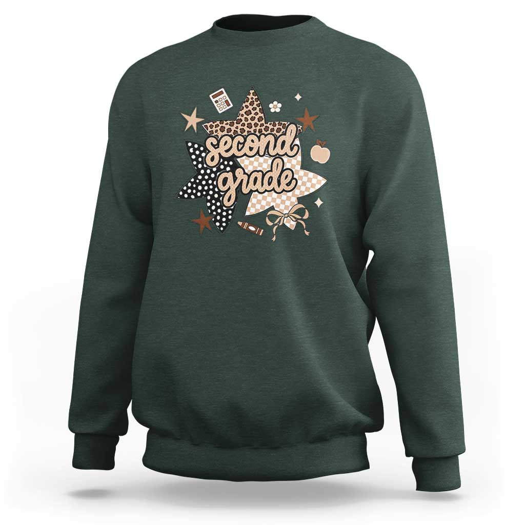 Second Grade Leopard Checkered Star Coquette Sweatshirt Cute 2nd Grade Girl Back to School Gift