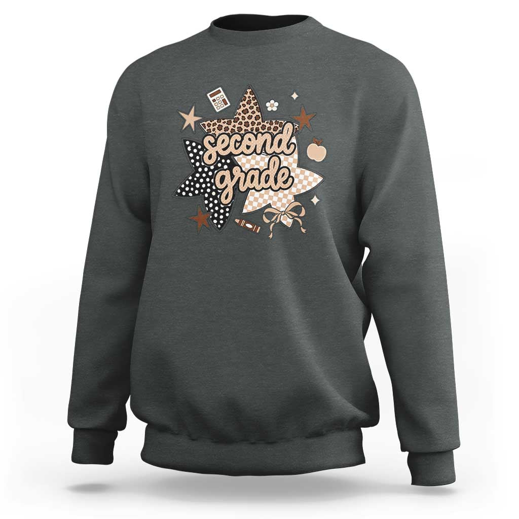 Second Grade Leopard Checkered Star Coquette Sweatshirt Cute 2nd Grade Girl Back to School Gift