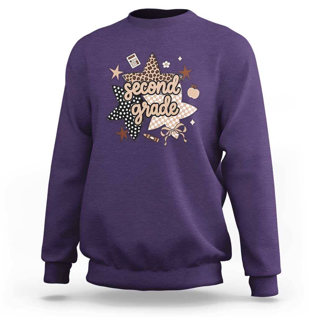Second Grade Leopard Checkered Star Coquette Sweatshirt Cute 2nd Grade Girl Back to School Gift