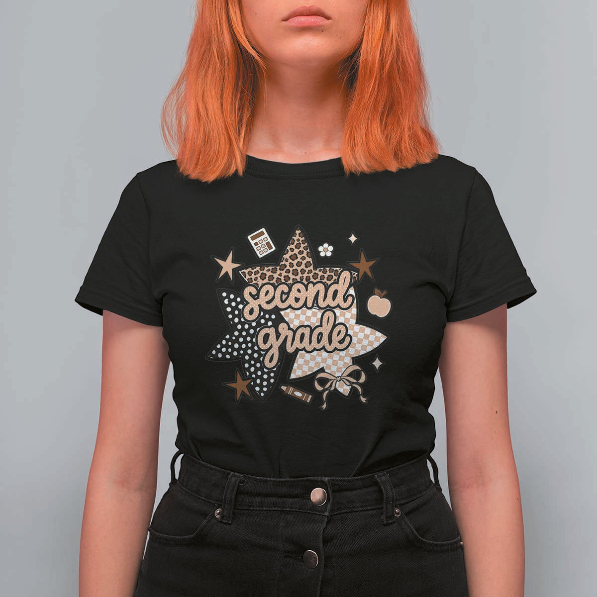 Second Grade Leopard Checkered Star Coquette T Shirt For Women Cute 2nd Grade Girl Back to School Gift