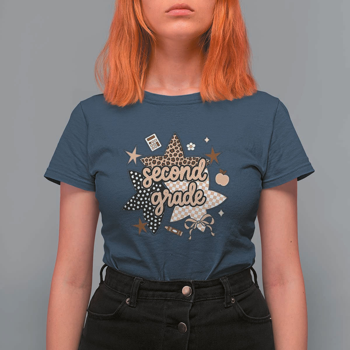 Second Grade Leopard Checkered Star Coquette T Shirt For Women Cute 2nd Grade Girl Back to School Gift