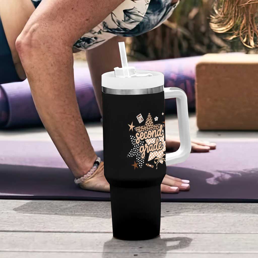 Second Grade Leopard Checkered Star Coquette Tumbler With Handle Cute 2nd Grade Girl Back to School Gift