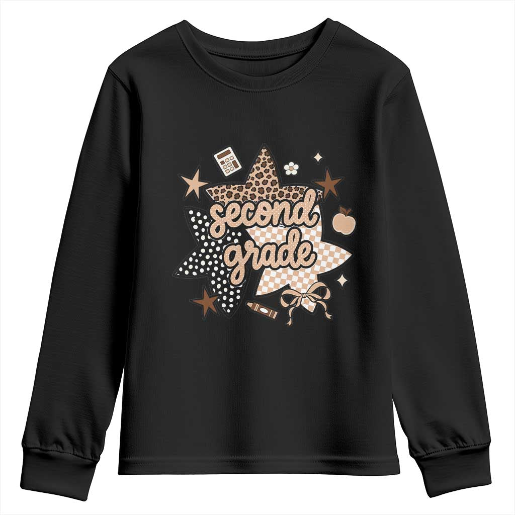 Second Grade Leopard Checkered Star Coquette Youth Sweatshirt Cute 2nd Grade Girl Back to School Gift