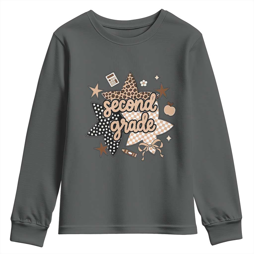 Second Grade Leopard Checkered Star Coquette Youth Sweatshirt Cute 2nd Grade Girl Back to School Gift