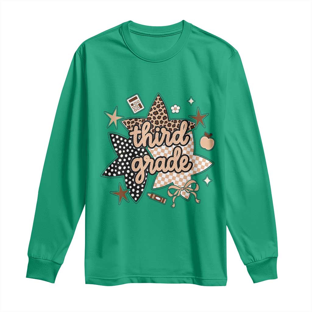 Third Grade Leopard Checkered Star Coquette Long Sleeve Shirt Cute 3rd Grade Girl Back to School Gift