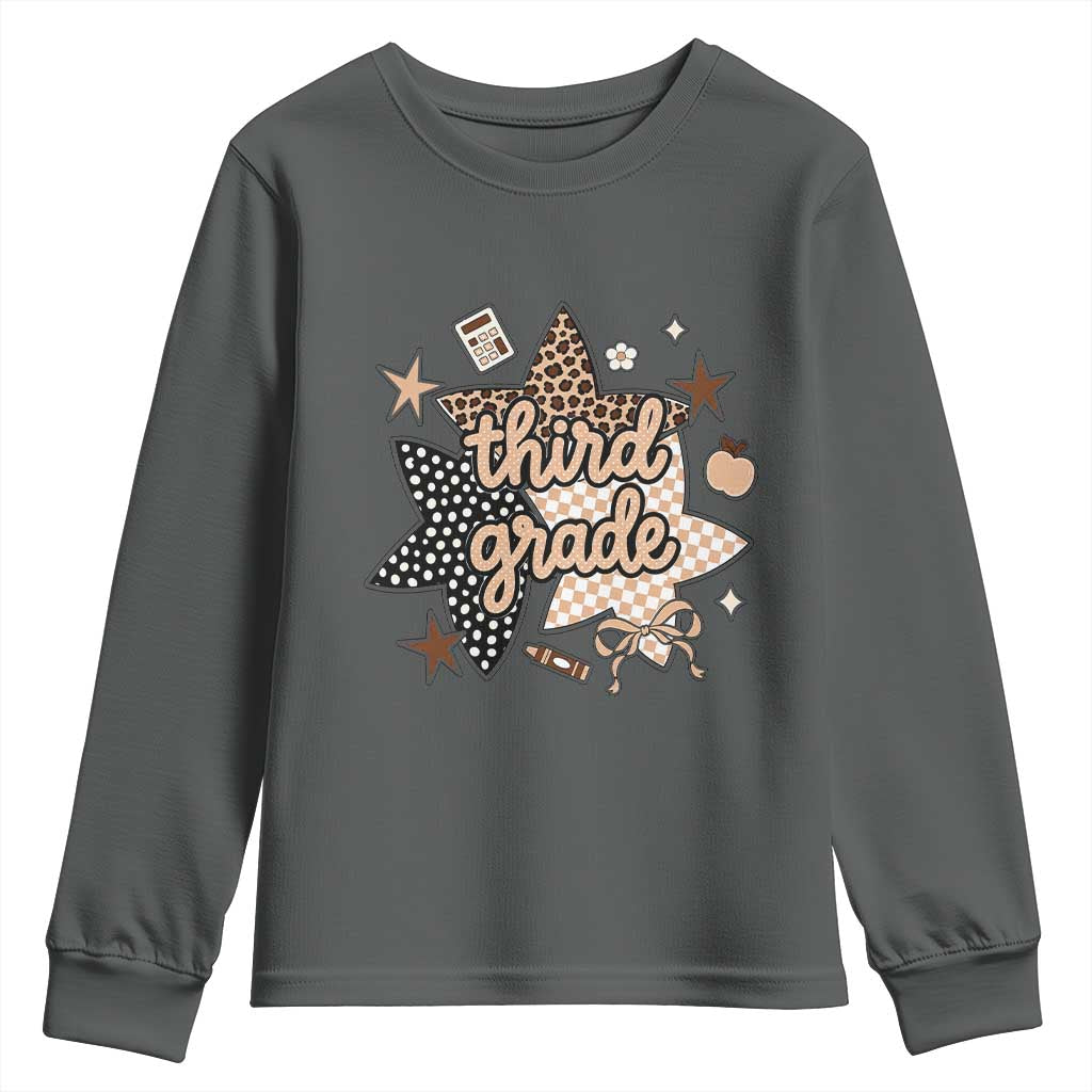 Third Grade Leopard Checkered Star Coquette Youth Sweatshirt Cute 3rd Grade Girl Back to School Gift