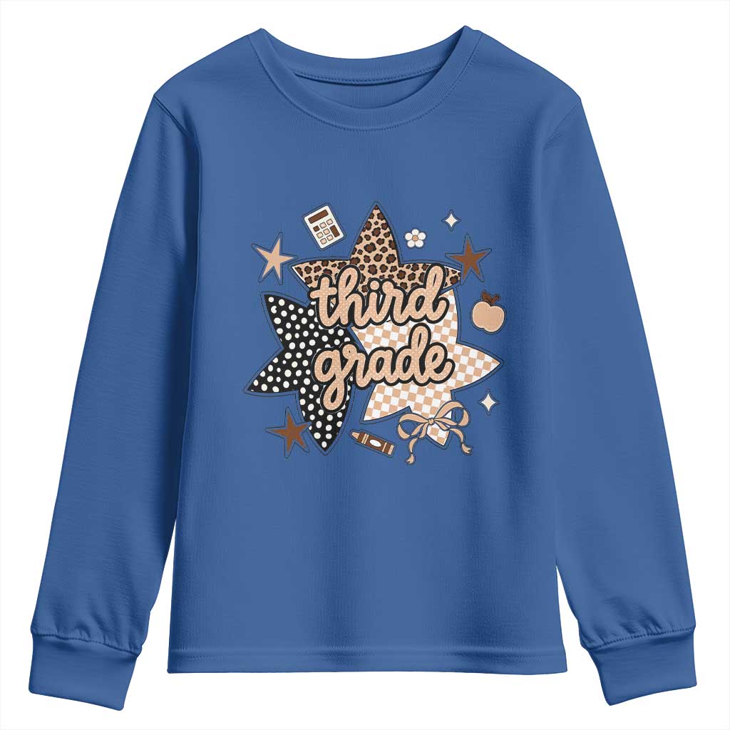 Third Grade Leopard Checkered Star Coquette Youth Sweatshirt Cute 3rd Grade Girl Back to School Gift