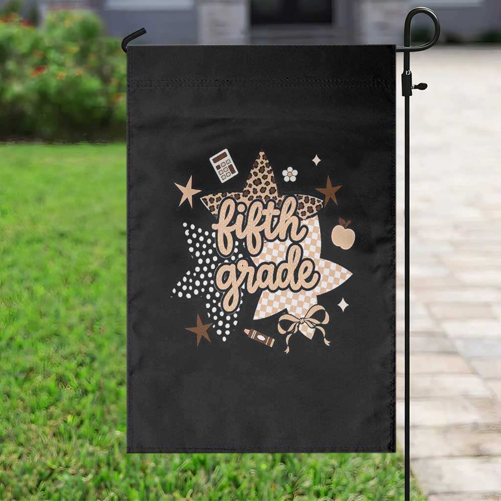Fifth Grade Leopard Checkered Star Coquette Garden Flag Cute 5th Grade Girl Back to School Gift