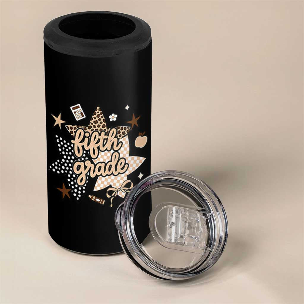 Fifth Grade Leopard Checkered Star Coquette 4 in 1 Can Cooler Tumbler Cute 5th Grade Girl Back to School Gift