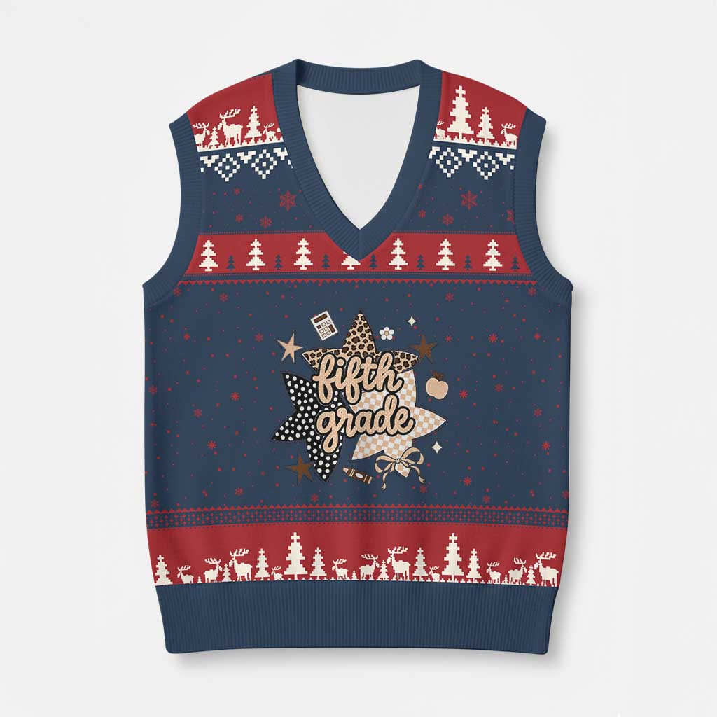 Fifth Grade Leopard Checkered Star Coquette V-Neck Knit Sweater Vest Cute 5th Grade Girl Back to School Gift
