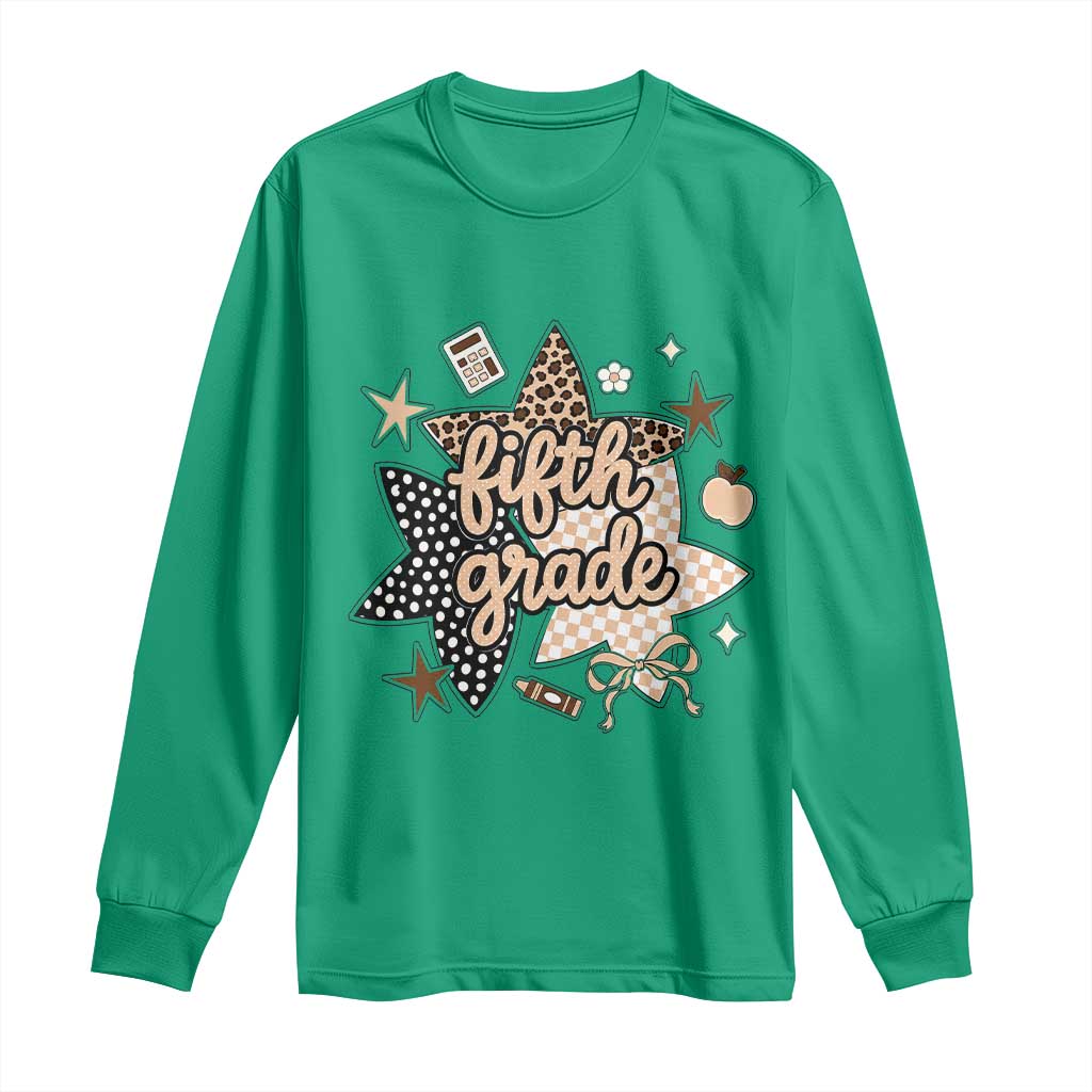 Fifth Grade Leopard Checkered Star Coquette Long Sleeve Shirt Cute 5th Grade Girl Back to School Gift