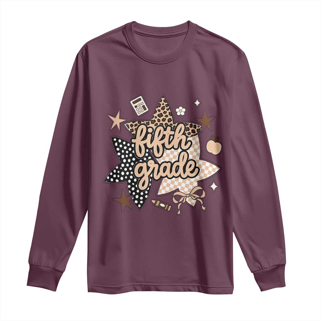 Fifth Grade Leopard Checkered Star Coquette Long Sleeve Shirt Cute 5th Grade Girl Back to School Gift
