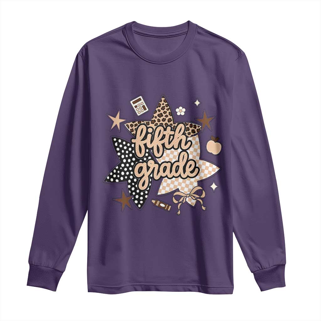 Fifth Grade Leopard Checkered Star Coquette Long Sleeve Shirt Cute 5th Grade Girl Back to School Gift
