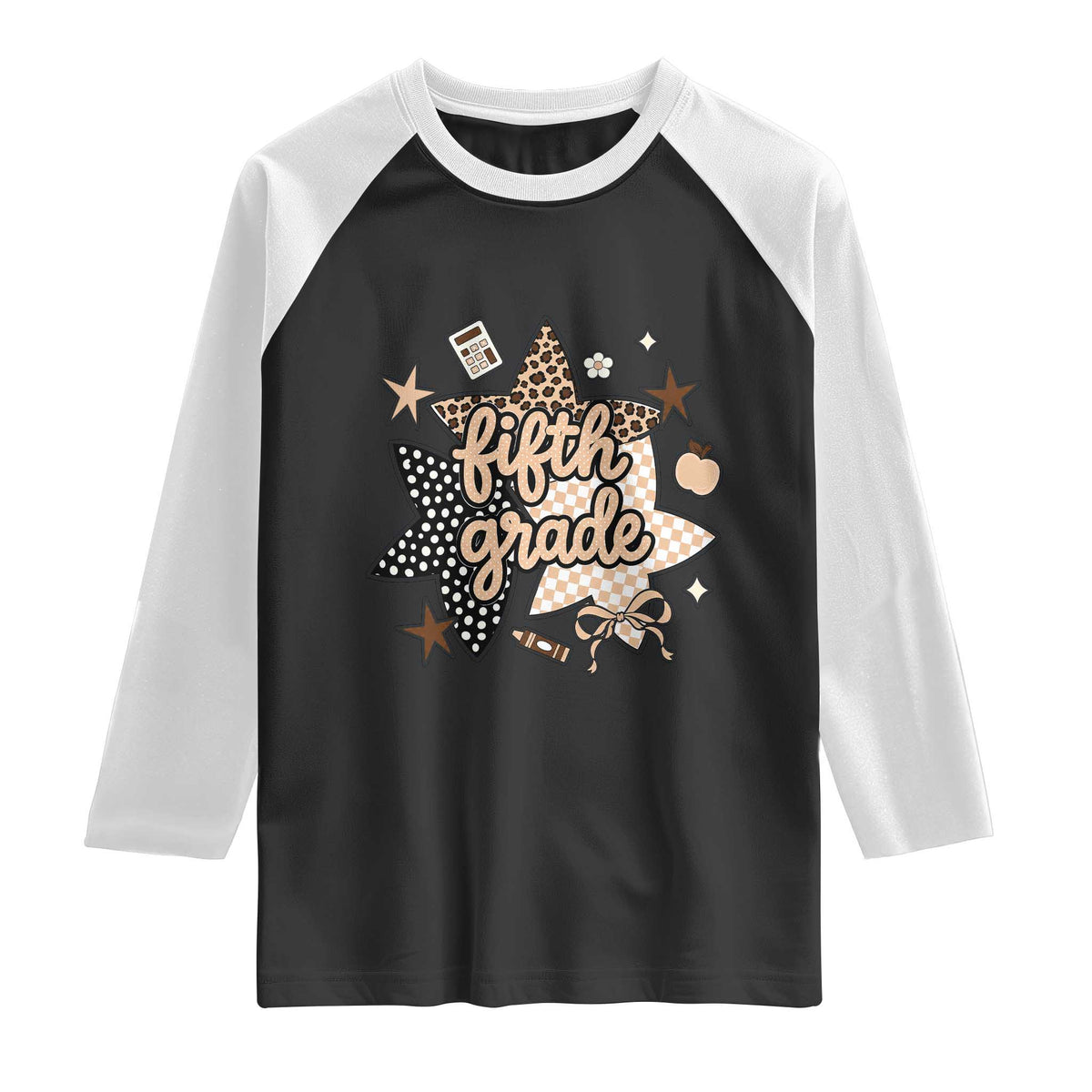 Fifth Grade Leopard Checkered Star Coquette Raglan Shirt Cute 5th Grade Girl Back to School Gift