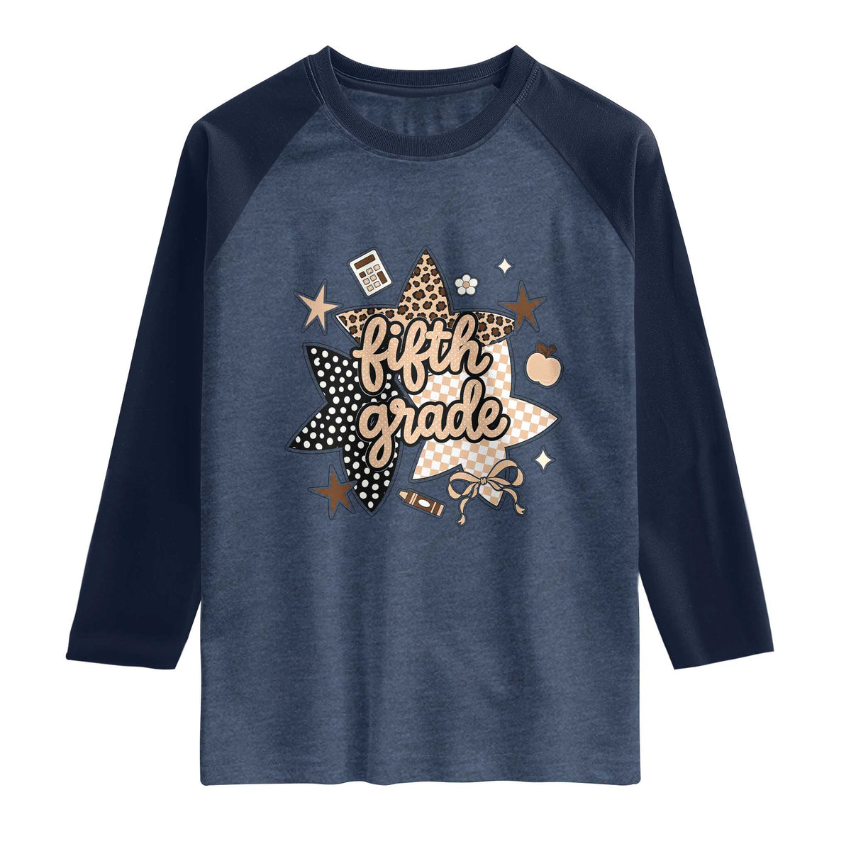 Fifth Grade Leopard Checkered Star Coquette Raglan Shirt Cute 5th Grade Girl Back to School Gift