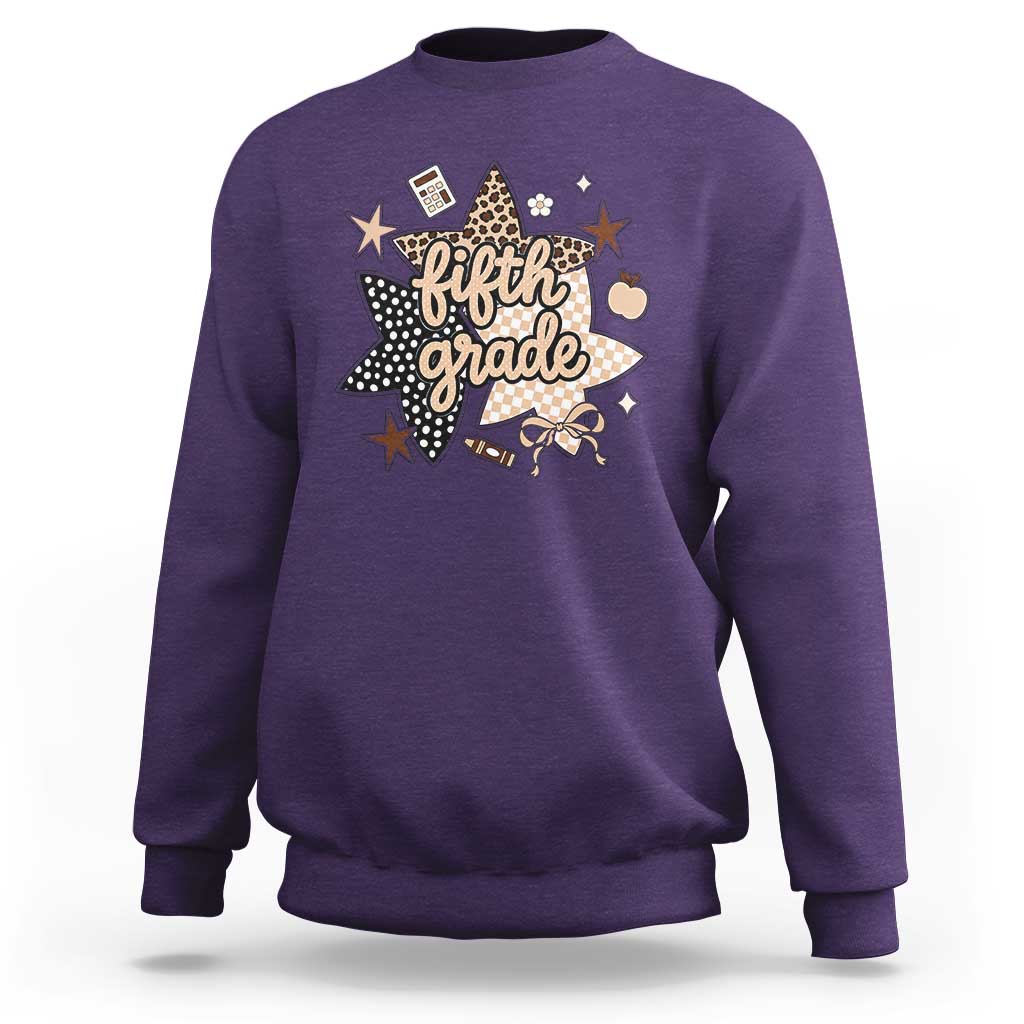 Fifth Grade Leopard Checkered Star Coquette Sweatshirt Cute 5th Grade Girl Back to School Gift