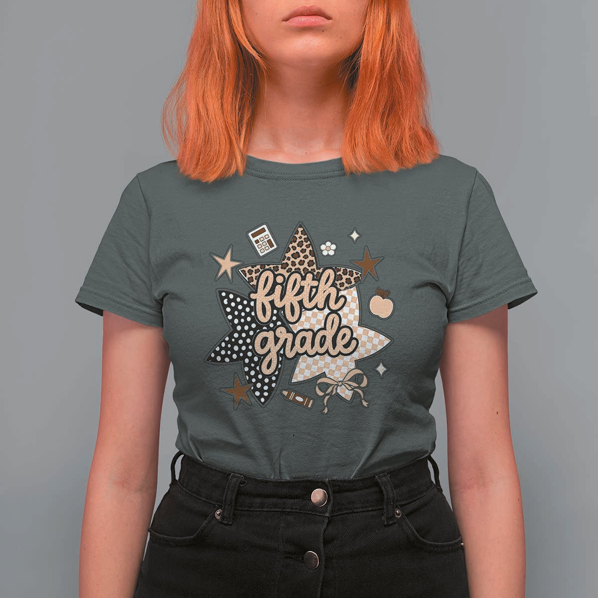Fifth Grade Leopard Checkered Star Coquette T Shirt For Women Cute 5th Grade Girl Back to School Gift