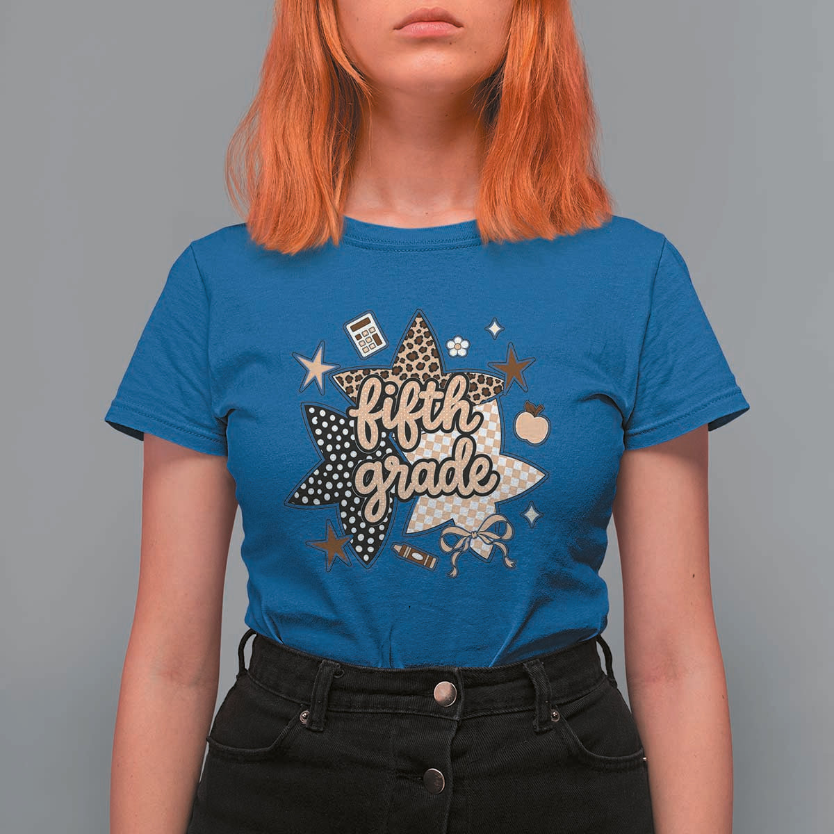 Fifth Grade Leopard Checkered Star Coquette T Shirt For Women Cute 5th Grade Girl Back to School Gift