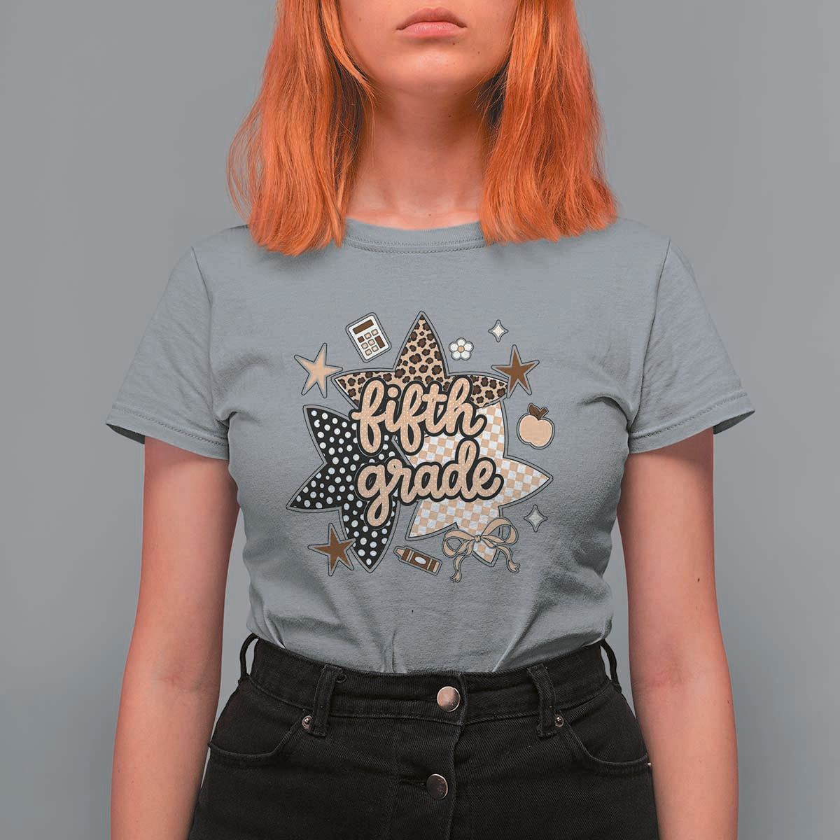 Fifth Grade Leopard Checkered Star Coquette T Shirt For Women Cute 5th Grade Girl Back to School Gift