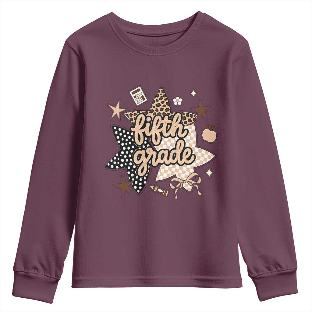 Fifth Grade Leopard Checkered Star Coquette Youth Sweatshirt Cute 5th Grade Girl Back to School Gift