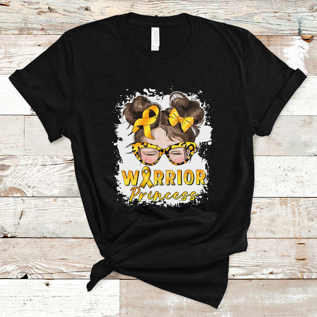 Childhood Cancer Awareness T Shirt Warrior Princess Gold Ribbon Messy Bun Girl - Wonder Print Shop