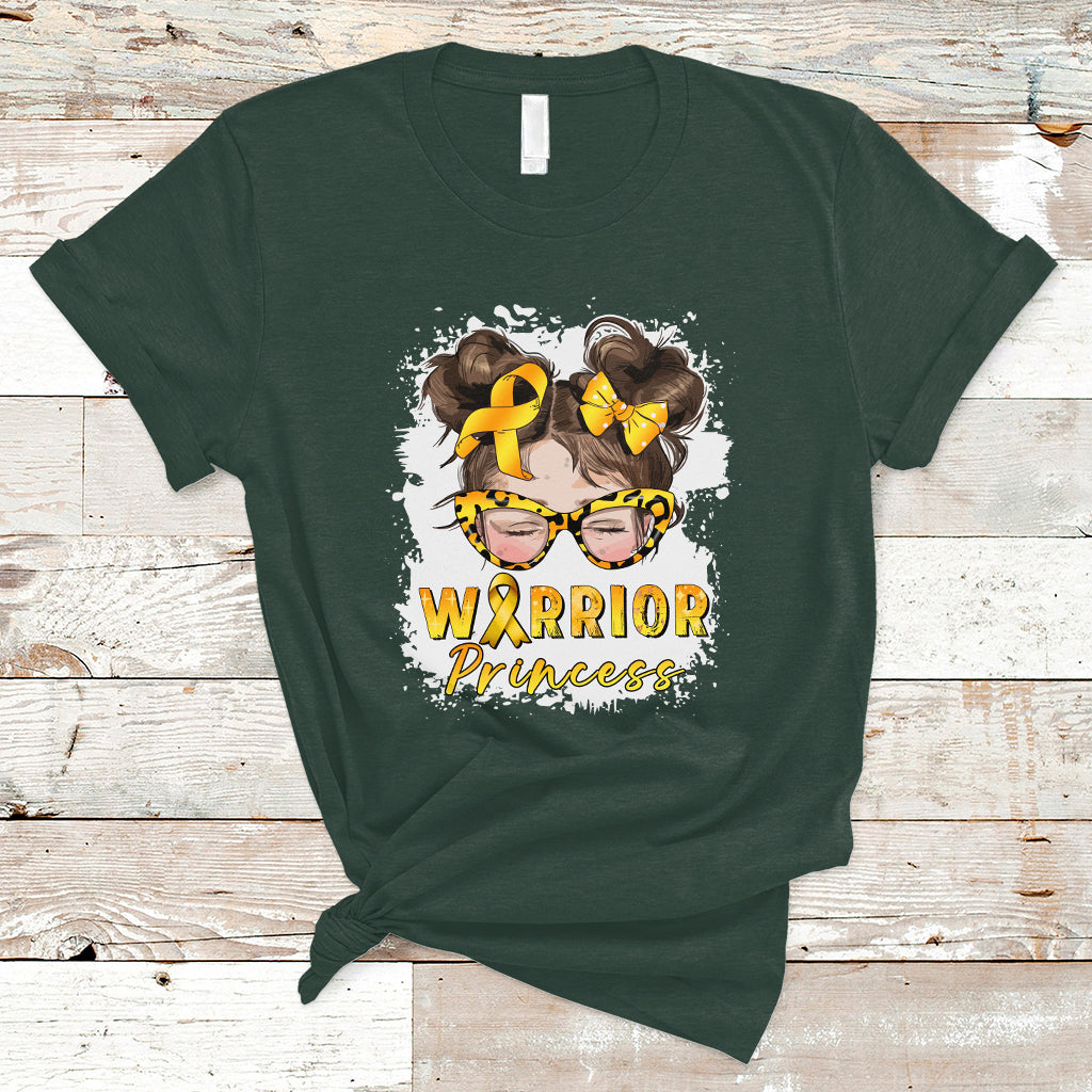 Childhood Cancer Awareness T Shirt Warrior Princess Gold Ribbon Messy Bun Girl - Wonder Print Shop
