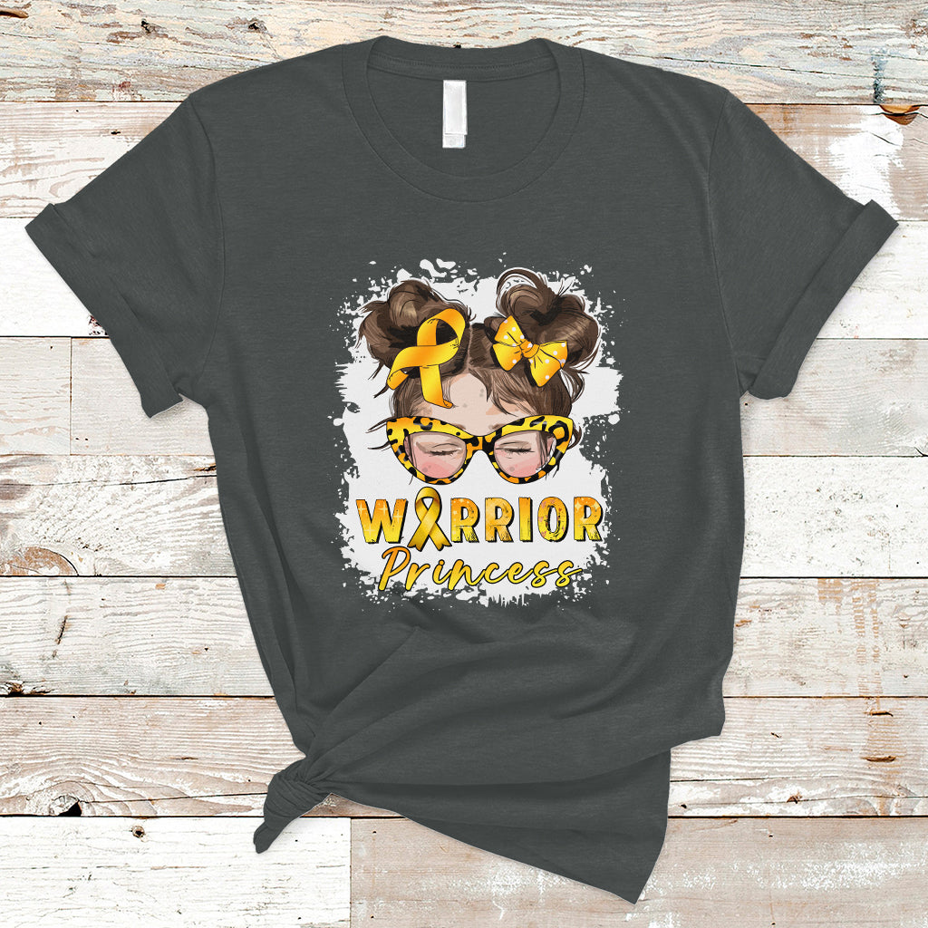 Childhood Cancer Awareness T Shirt Warrior Princess Gold Ribbon Messy Bun Girl - Wonder Print Shop