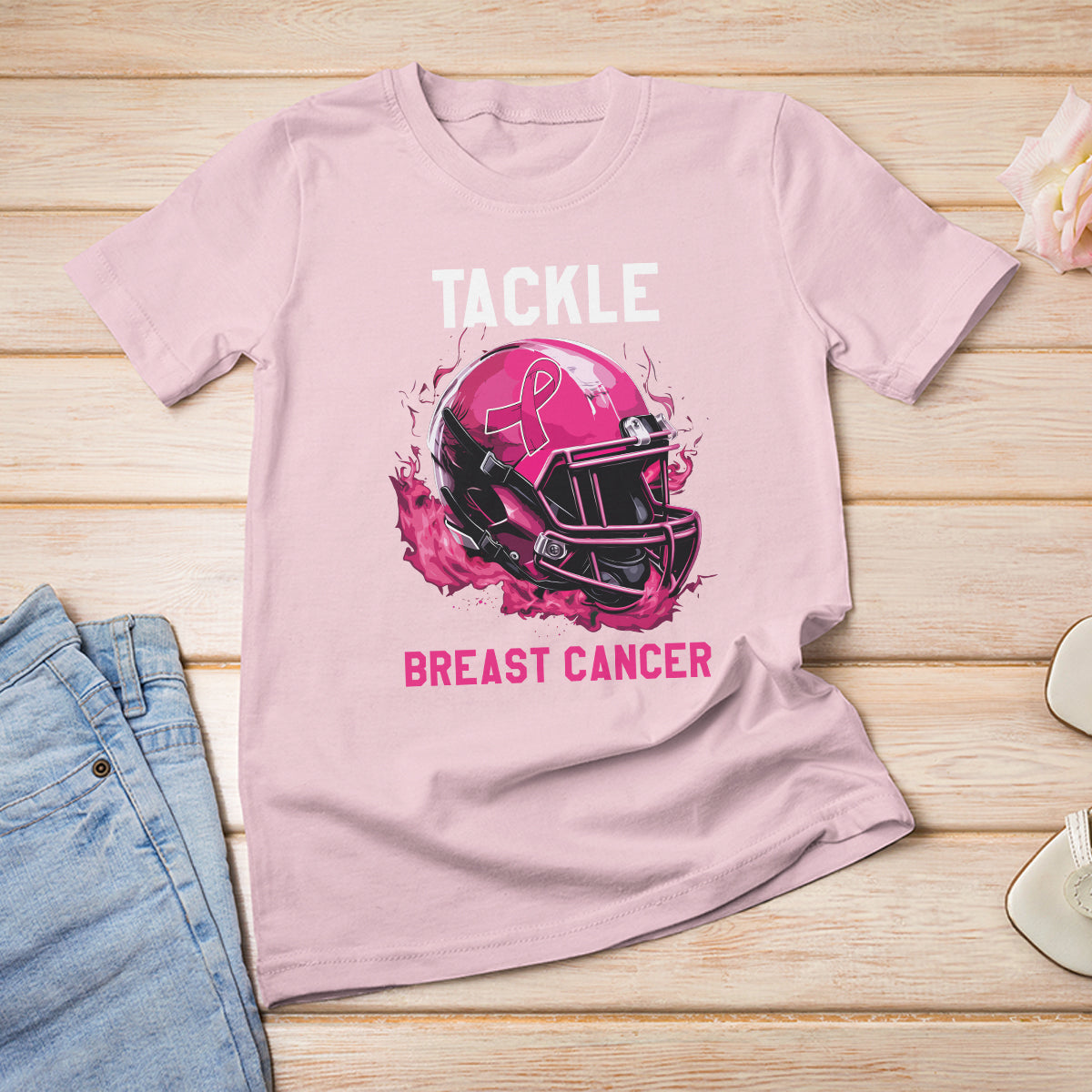 Football Breast Cancer Awareness T Shirt Tackle Breast Cancer Pink Ribbon Football Helmet - Wonder Print Shop