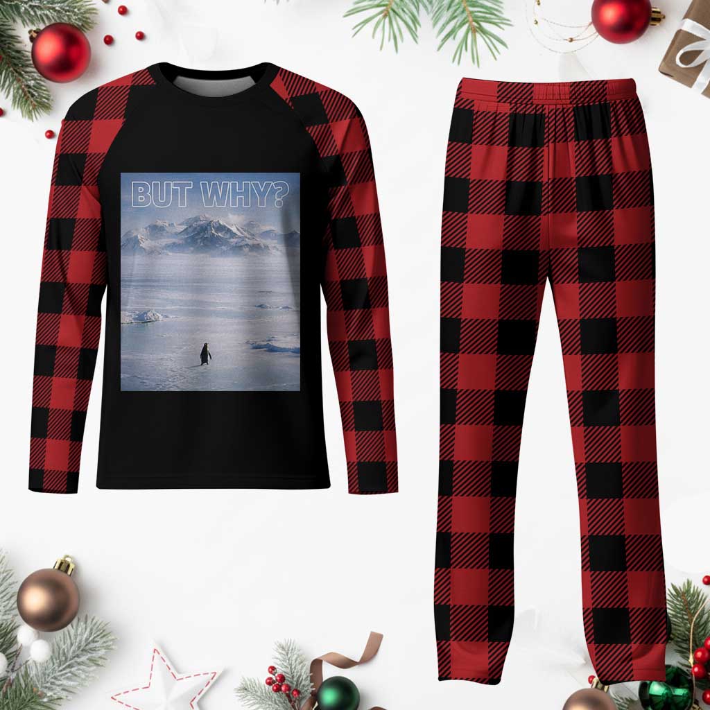 Funny Nihilist Penguin But Why Meme Plaid Pajama Set Existential Arctic Scene Icy Wilderness Quiet Thinkers