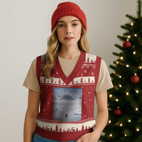 Funny Nihilist Penguin But Why Meme V-Neck Knit Sweater Vest Existential Arctic Scene Icy Wilderness Quiet Thinkers