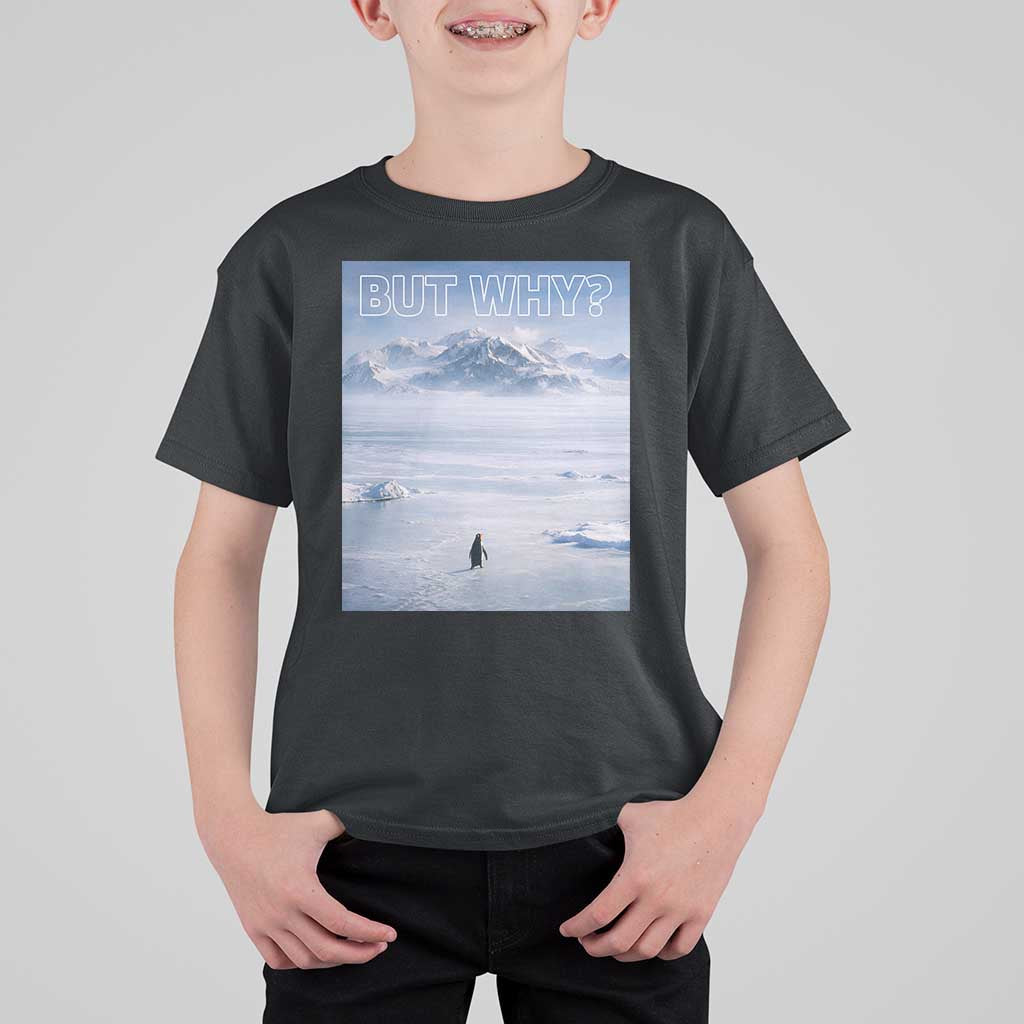 Funny Nihilist Penguin But Why Meme T Shirt For Kid Existential Arctic Scene Icy Wilderness Quiet Thinkers