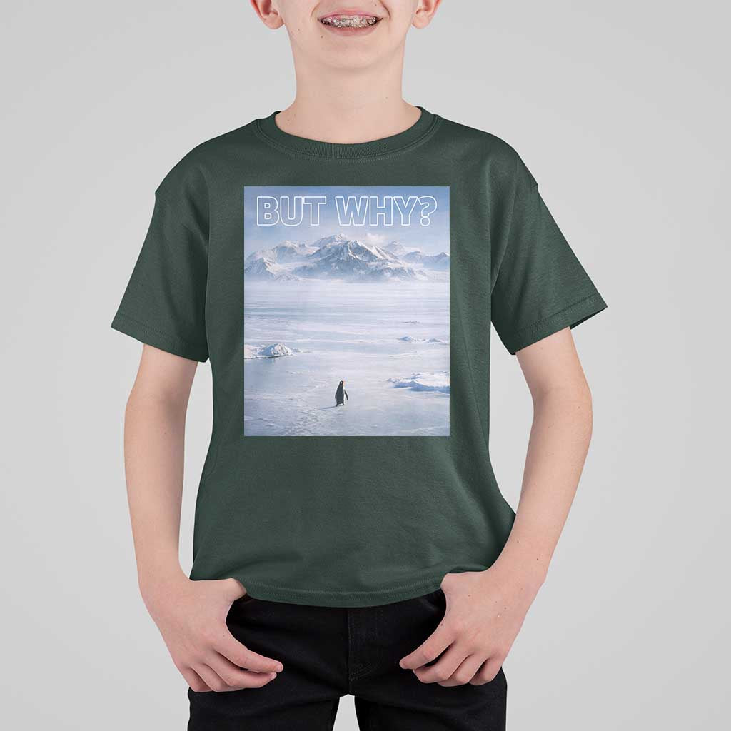 Funny Nihilist Penguin But Why Meme T Shirt For Kid Existential Arctic Scene Icy Wilderness Quiet Thinkers