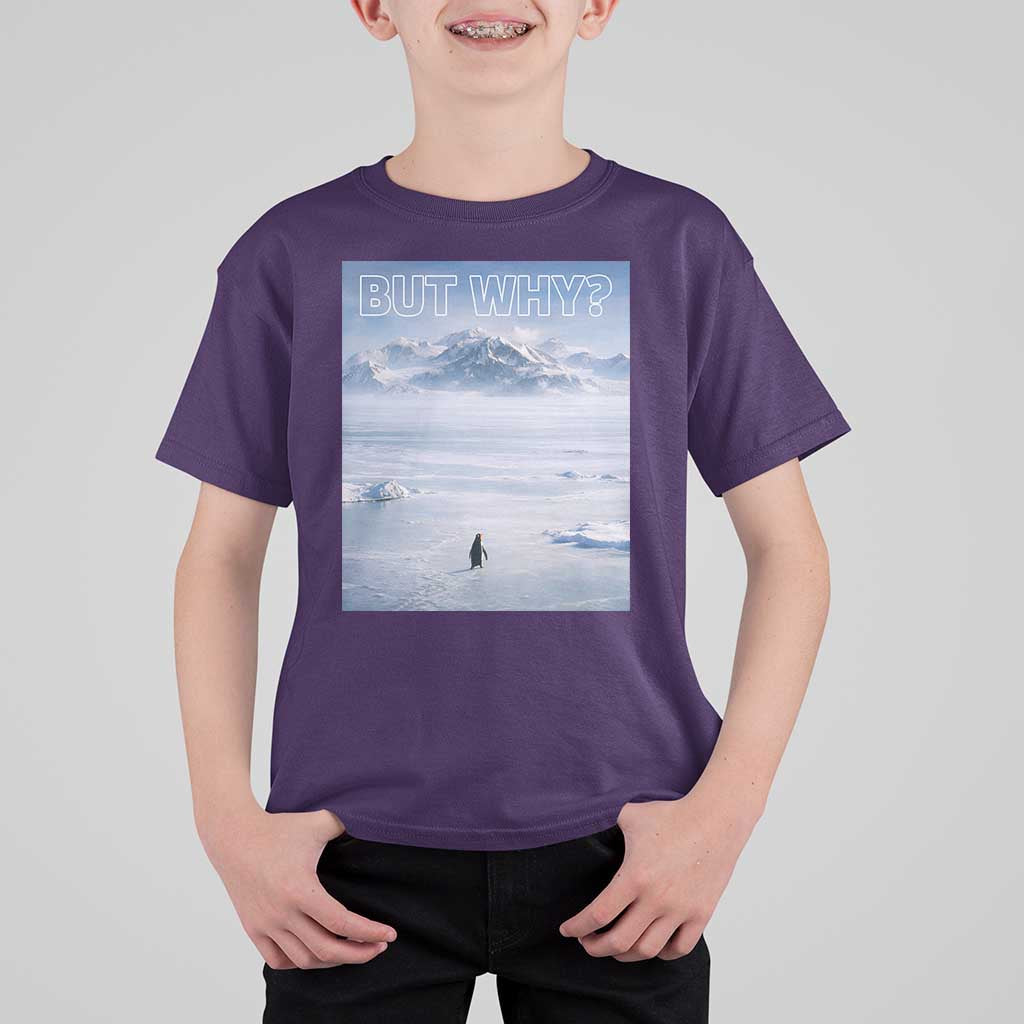 Funny Nihilist Penguin But Why Meme T Shirt For Kid Existential Arctic Scene Icy Wilderness Quiet Thinkers