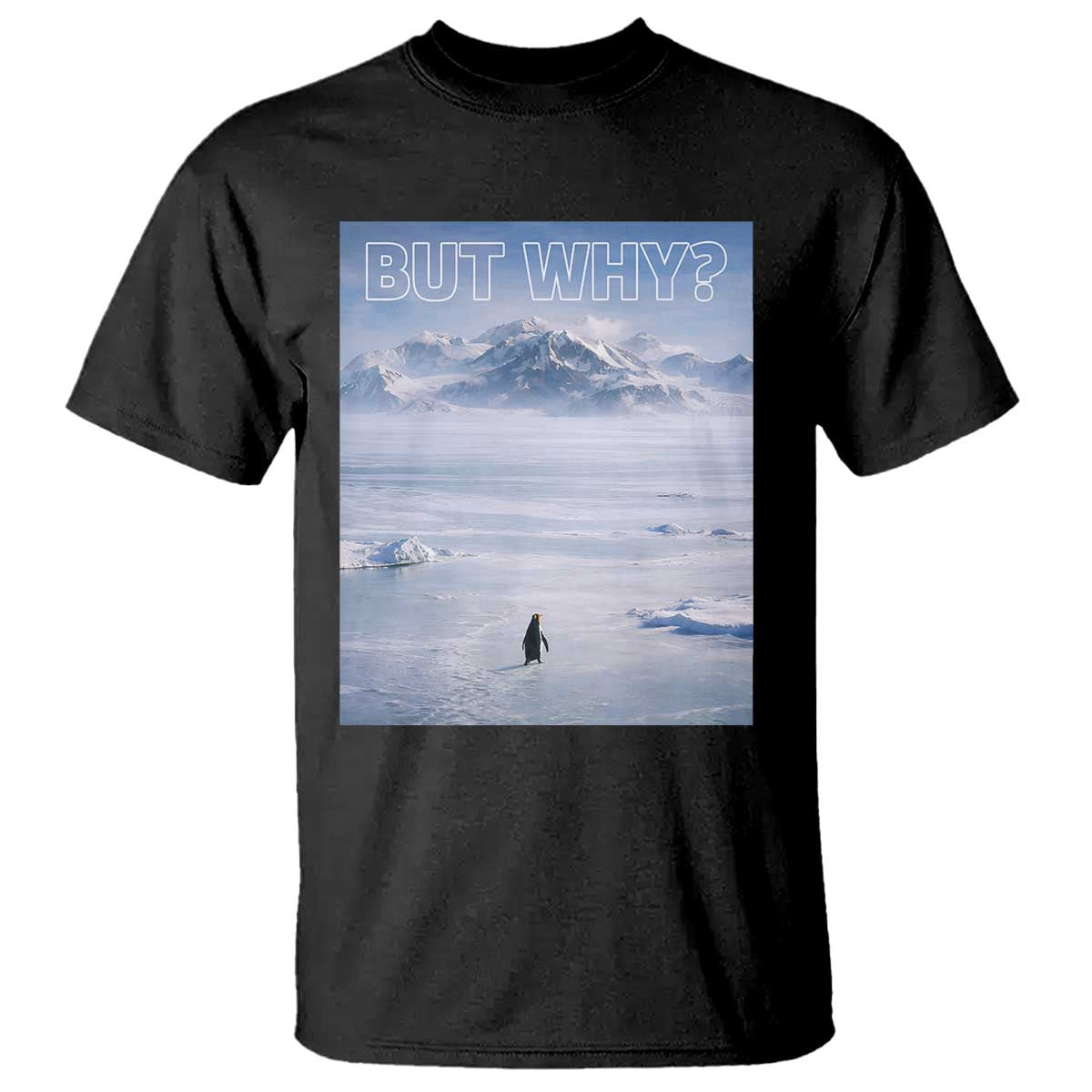 Funny Nihilist Penguin But Why Meme T Shirt Existential Arctic Scene Icy Wilderness Quiet Thinkers
