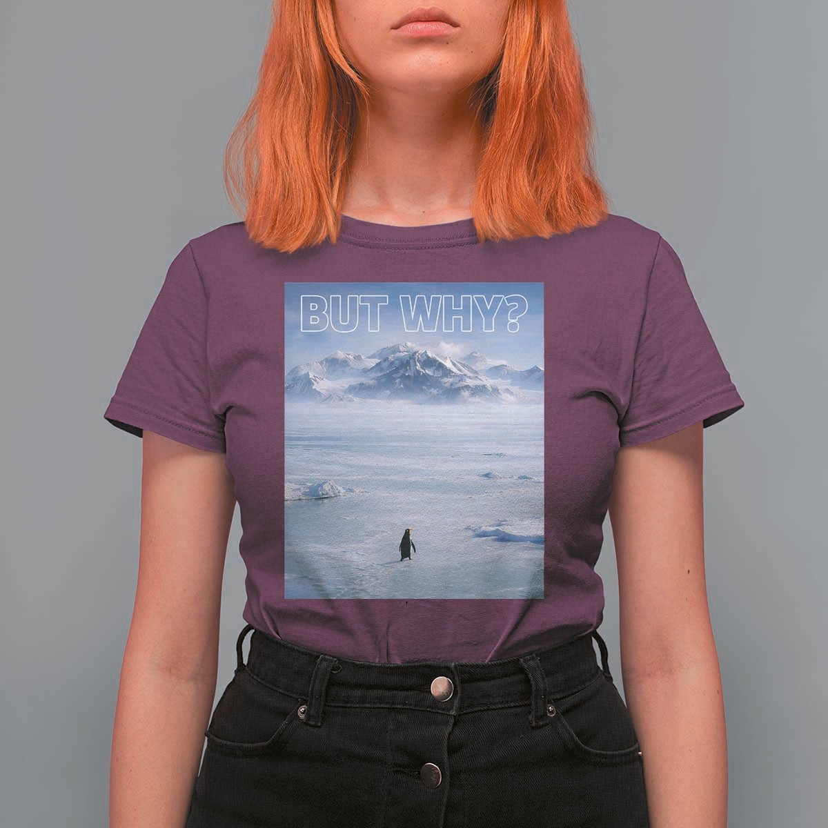 Funny Nihilist Penguin But Why Meme T Shirt For Women Existential Arctic Scene Icy Wilderness Quiet Thinkers