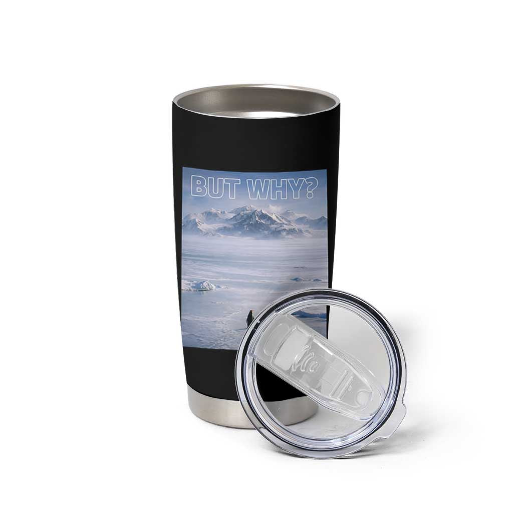 Funny Nihilist Penguin But Why Meme Tumbler Cup Existential Arctic Scene Icy Wilderness Quiet Thinkers